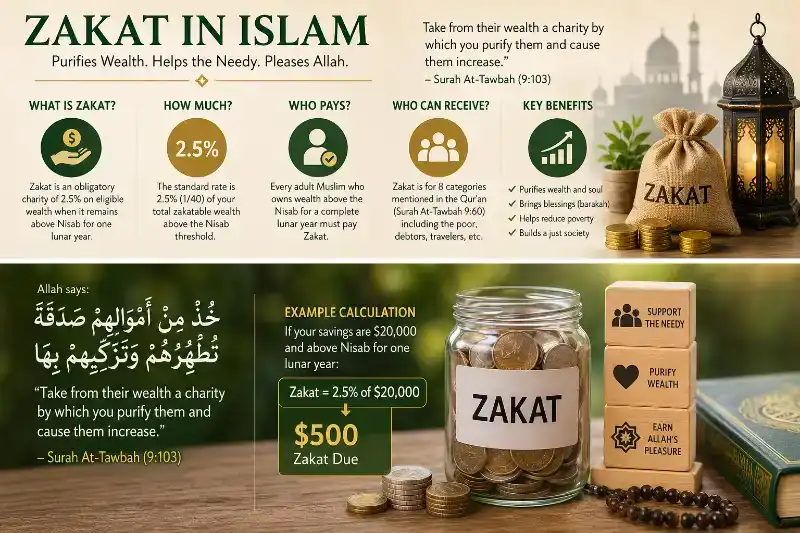 “Zakat system illustration showing wealth distribution and support for people with low income”