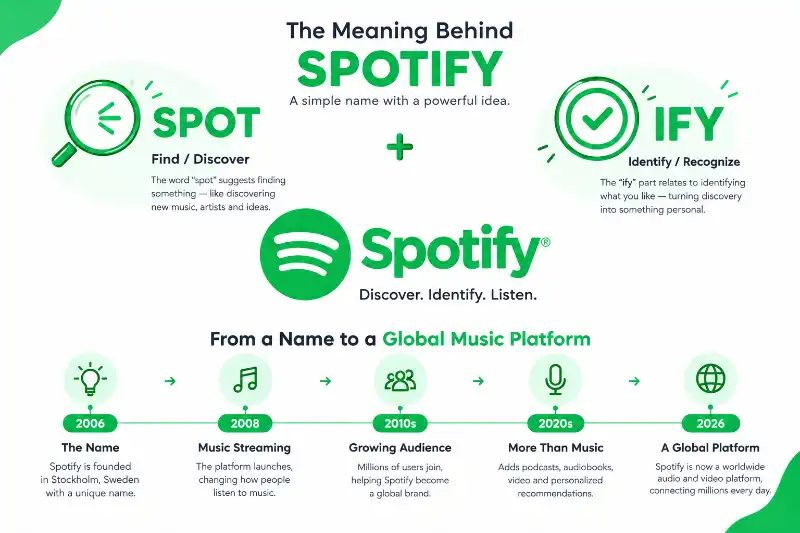 Spotify meaning explained: The name combines "spot" and "identify" to represent music discovery. Illustrated with Spotify logo, soundwaves, and music notes.