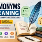 Homonyms Meaning with 50+ examples, definitions, and uses explained through a feather quill, book, and educational English infographic.