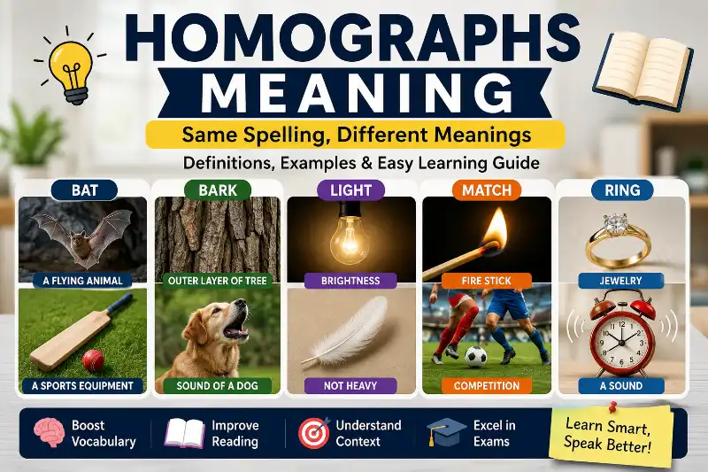 Homographs meaning explained with examples showing same spelling different meanings like bat, bark, light, match, and ring