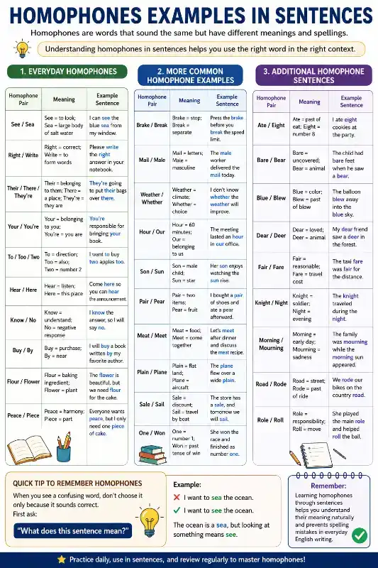 Homophones meaning explained with 100 common examples, definitions, and sentences showing the difference between words like their, there, they're, see, and sea.