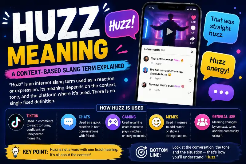 Huzz meaning infographic explaining that Huzz is a context-based internet slang term used in TikTok, memes, online chats, and social media reactions.