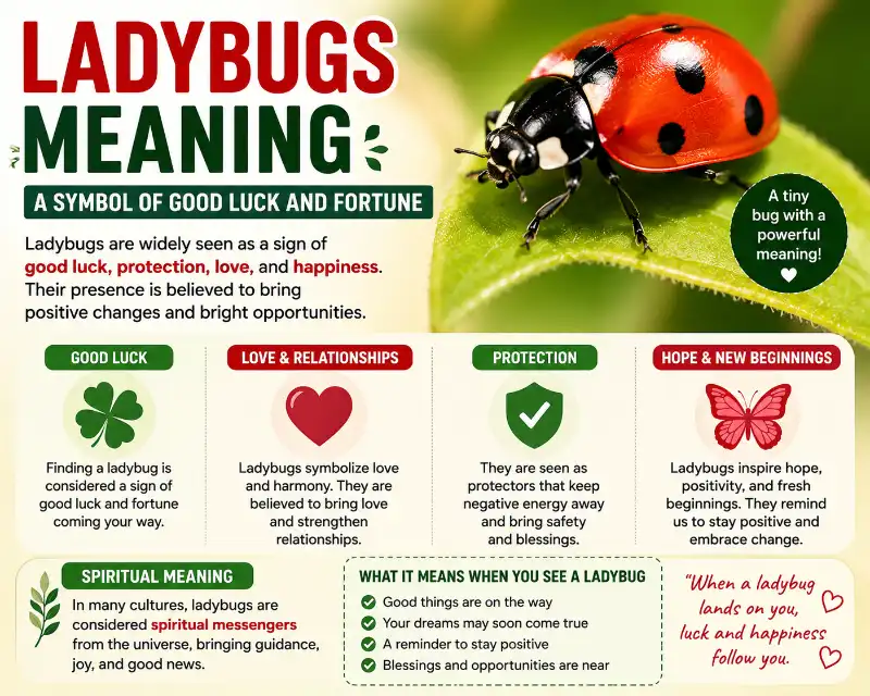 Ladybugs meaning explained with a ladybug on a green leaf, highlighting symbolism of good luck, spiritual protection, love, hope, and positive change.