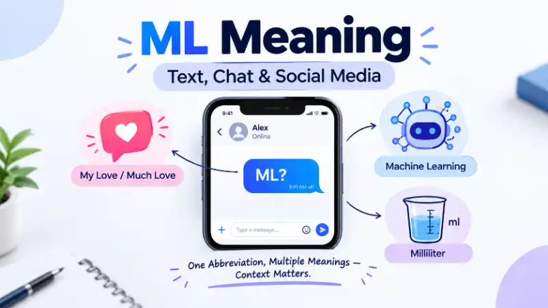 ML meaning in text, chat, and social media with examples of My Love, Much Love, Machine Learning, and milliliter