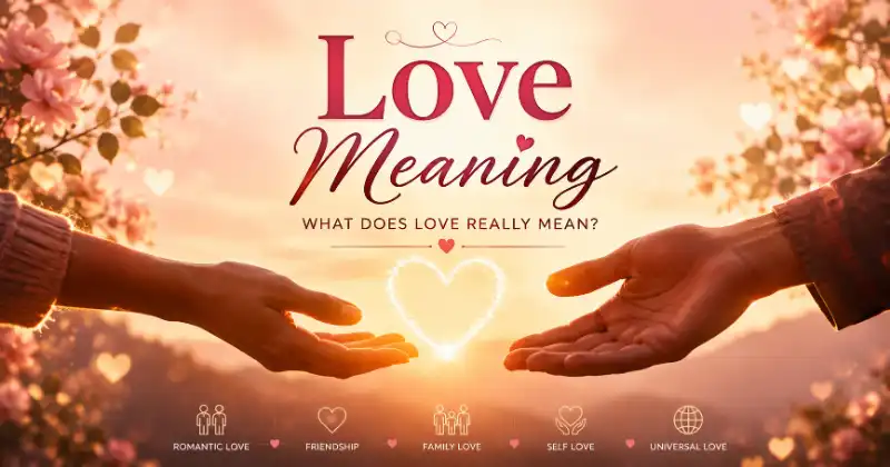 "Love Meaning — What does love really mean? A heartwarming image of hands reaching toward each other, symbolizing connection, care, and unconditional love."