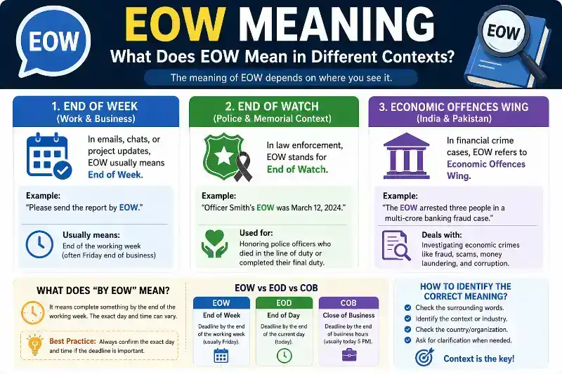 EOW meaning in different contexts including End of Week, End of Watch, and Economic Offences Wing