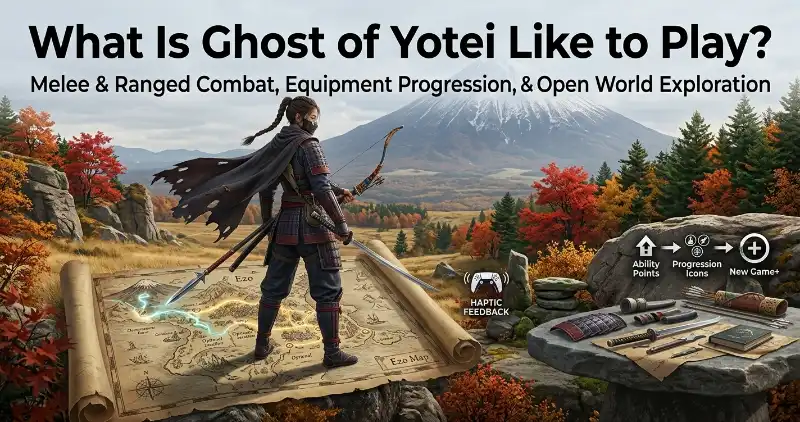 Ghost of Yotei combines melee and ranged combat, exploration, equipment upgrades, story missions, and optional activities across its open world.