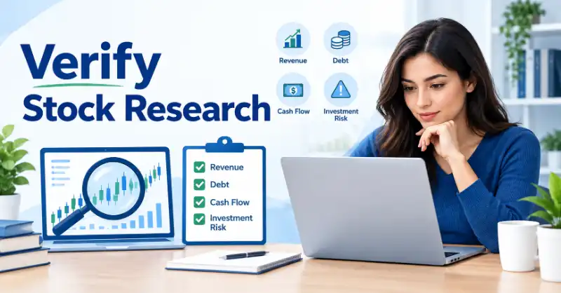 Woman checking stock research, company financial reports, and investment risks