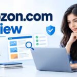 Woman checking website information on a laptop for a Voozon.com review.