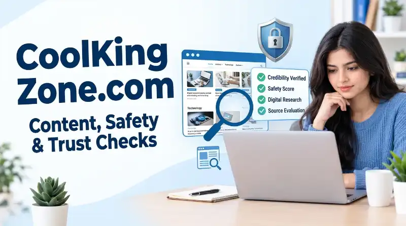 Woman researching CoolKingZone.com website content and safety checks on a laptop
