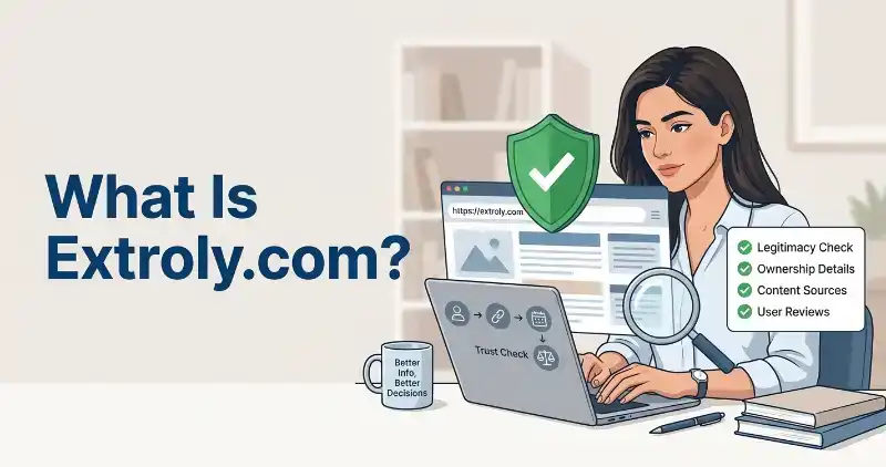 Woman reviewing Extroly.com safety and privacy checks on a laptop