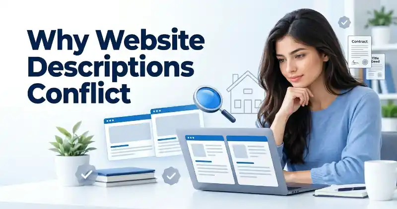 Woman comparing website descriptions to check differences between similar domain names