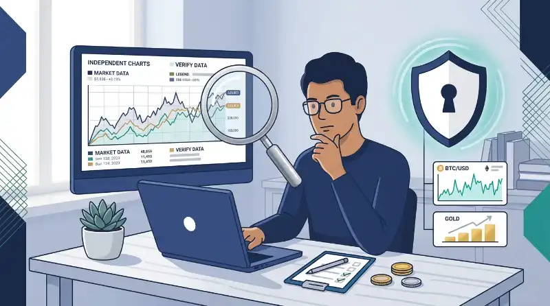 Illustration of checking financial information and online safety before using a finance website.