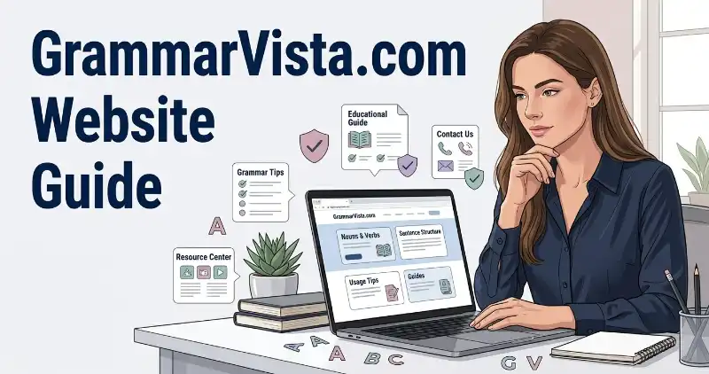 Young woman reviewing grammar resources on a laptop for a GrammarVista.com website guide