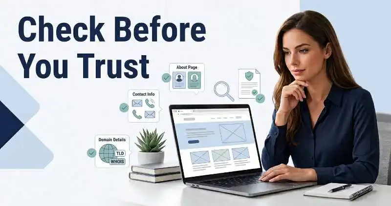 Woman checking website details and trust signals before using Hicozijerzu.com