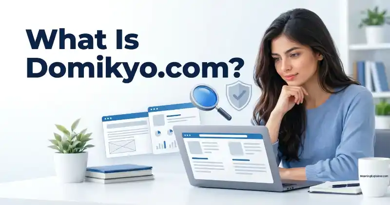 Woman checking website security and trust signals on a laptop while researching Domikyo.com.
