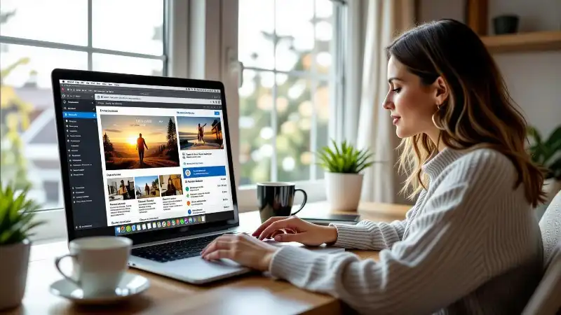 Woman checking website information and sources while researching MagzyMinutes.com reliability.