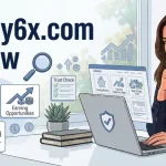 Woman researching Money6x.com and reviewing its money-related features