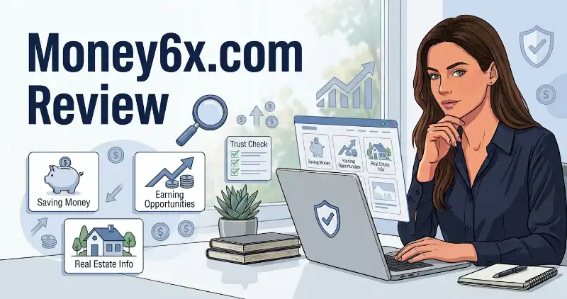 Woman researching Money6x.com and reviewing its money-related features