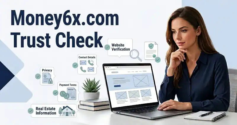 Woman checking Money6x.com trust signals and earning claims on a laptop