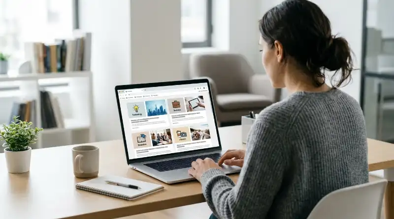 Illustration of a visitor checking website features and trust information before signing up.