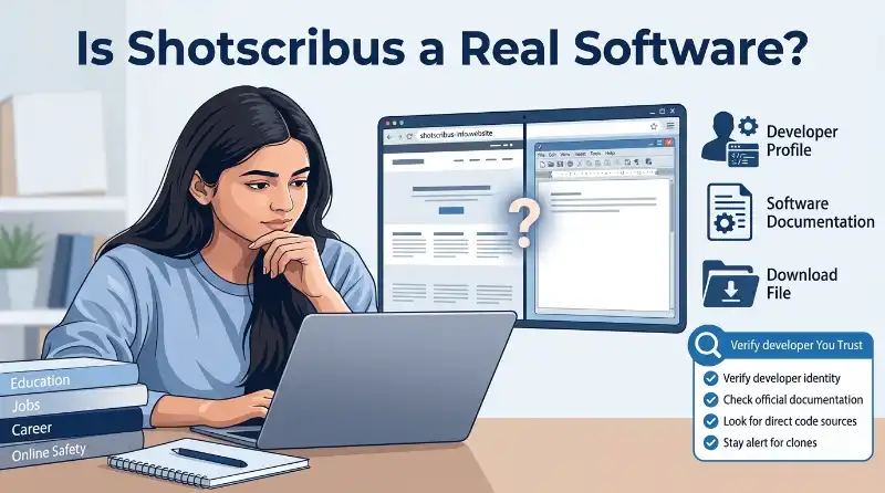 Woman checking whether Shotscribus is a real software product