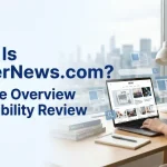 Woman reviewing online news articles on a laptop for a QuikerNews.com website overview and credibility review.