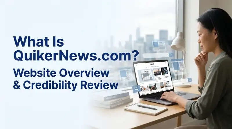 Woman reviewing online news articles on a laptop for a QuikerNews.com website overview and credibility review.